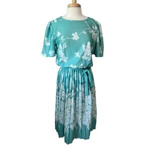 Vintage Village Fair Feminine Day Dress Retro Housewife sz 12 Aqua Green Floral